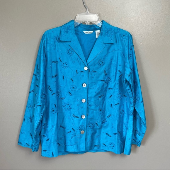 Laura Ashley Silk Blouse button up Small blue green - Picture 1 of 10